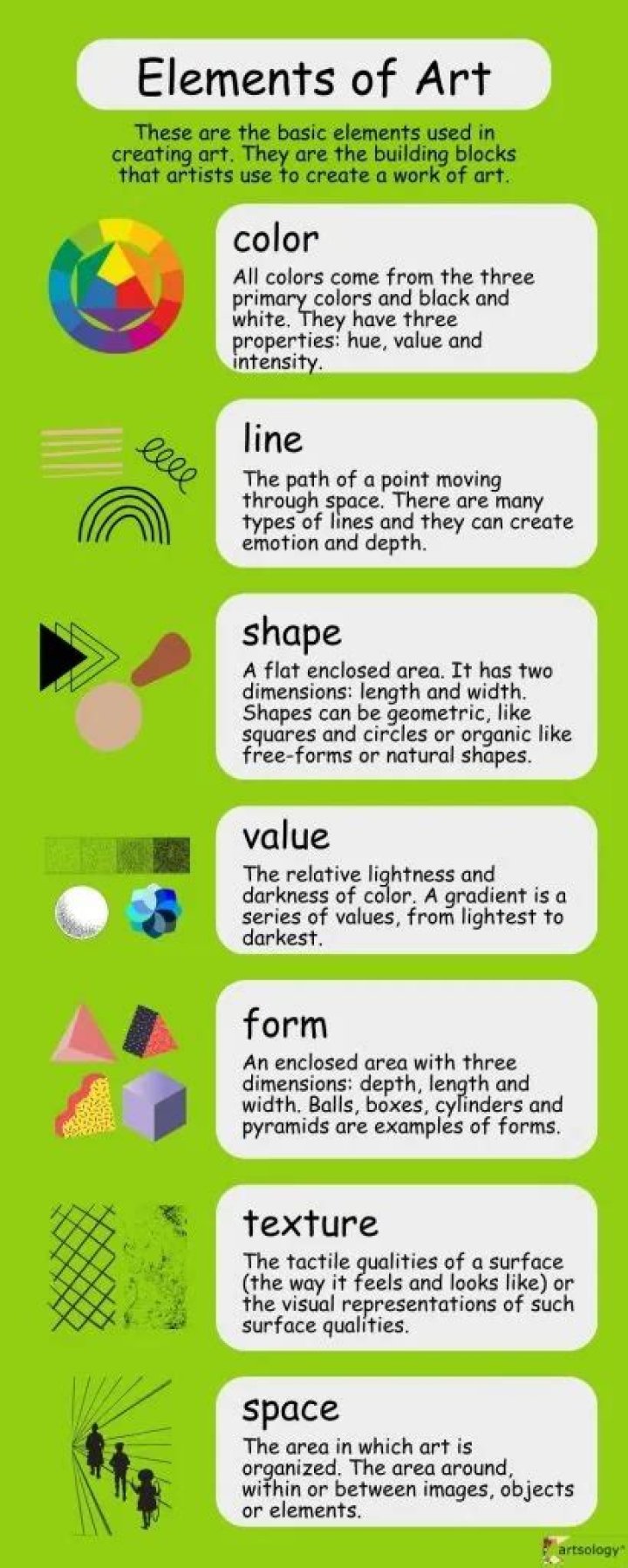 What are the 7 elements of art and their definitions?